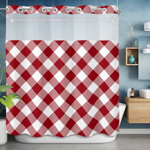 Red and White Plaid No Hook Shower Curtain with Snap in Liner Set,Buffalo Check Tartan Waterproof Fabric Shower Curtains with See Through Top Window for Bathroom,72Wx72L