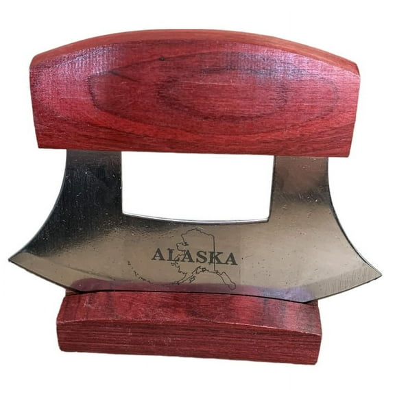 Alaska Ulu Knife Exotic Colored Natural Red Wooden Stand Etched Blade