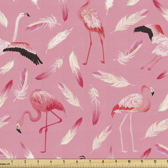Flamingo Fabric by the Yard, Exotic Birds Feathers Summer Foliage Theme in Tropical Vibes Print, Decorative Upholstery Fabric for Chairs & Home Accents, Pale Pink Beige and Grey by Ambesonne