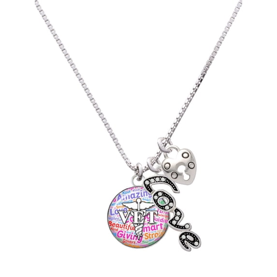 Delight Jewelry Silvertone Domed Multi Color VET - Love and Lock Charm Necklace, 18"+1"