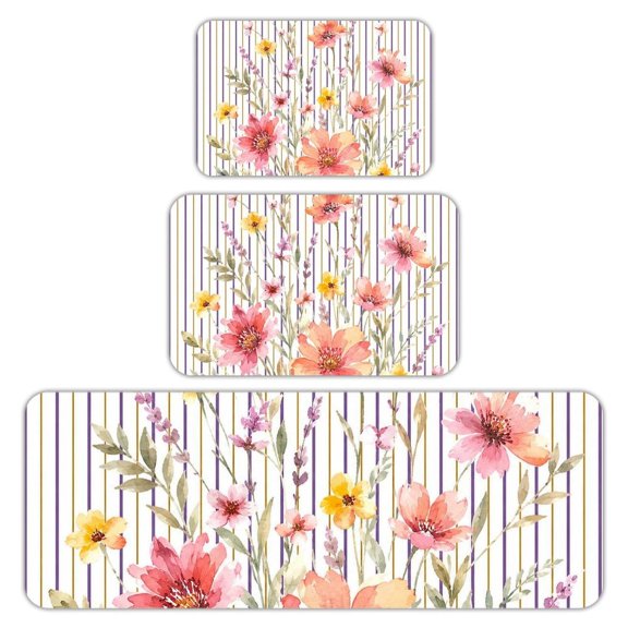RKSupls Kitchen Rug Set 3 Piece Anti-Slip Flannel Floor Mats, Wildflower Striped Watercolor Washable Absorbent Runner Mats for Kitchen Bathroom Home Decor