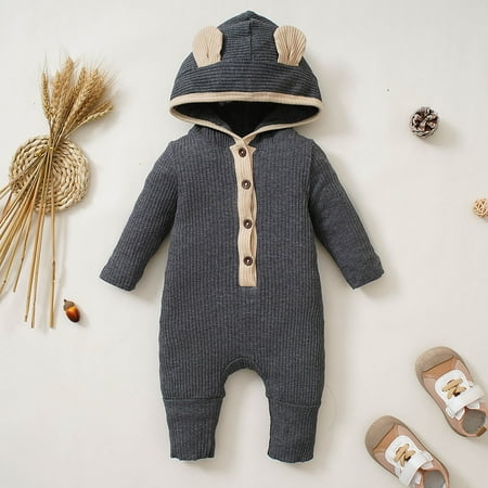 

Infant Boys Girls Long Sleeve Ribbed Solid Color Button Romper Newborn Bodysuits
