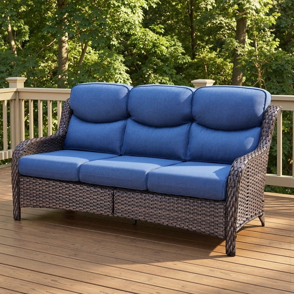 Opohoro 71" Wide Wicker 3-Seat Sofa, Weather Resistant Rattan Outdoor Furniture with Deep Seat for Patio Backyard Porch, Brown/Blue
