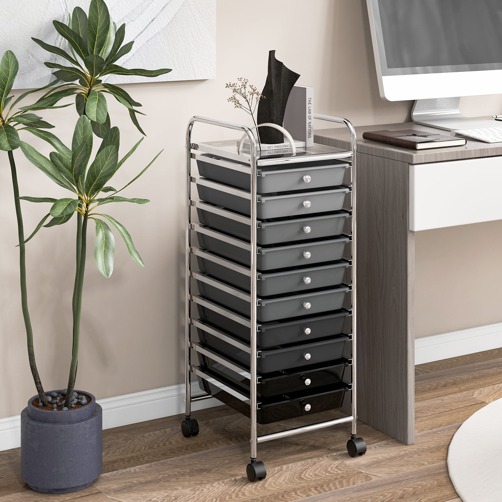 Costway Art & Craft Storage Carts with 10 Removable Drawers Mental Frame & 4 Wheels Gradient Black