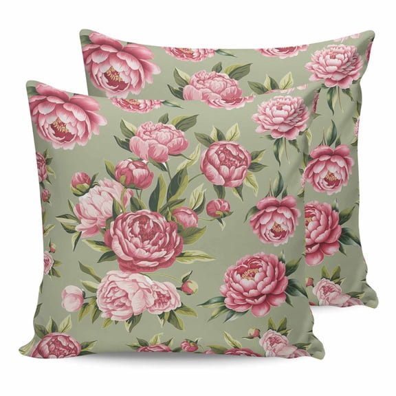 14x14 Pillow Covers Set of 2, Flowers Vintage Throw Pillow Covers Decorative Couch Cushion Case, Green Leaves Pastoral Floral Country Microfiber Square Pillowcases for Bedroom Car Living Room