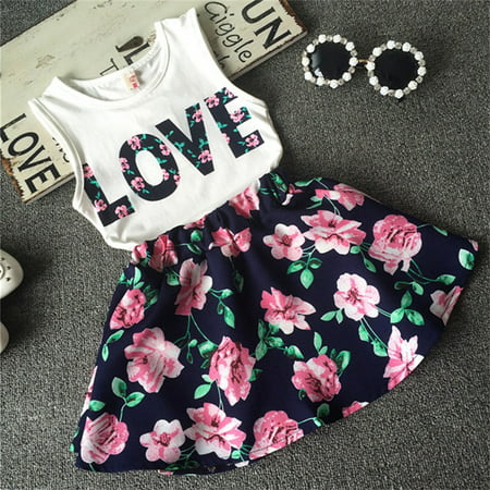 Toddler Baby Kids Girls Summer Tank Vest Tops T-Shirt Floral Skirt Dress 2PCS Outfit Set Clothes Navy Blue 2-3 Years