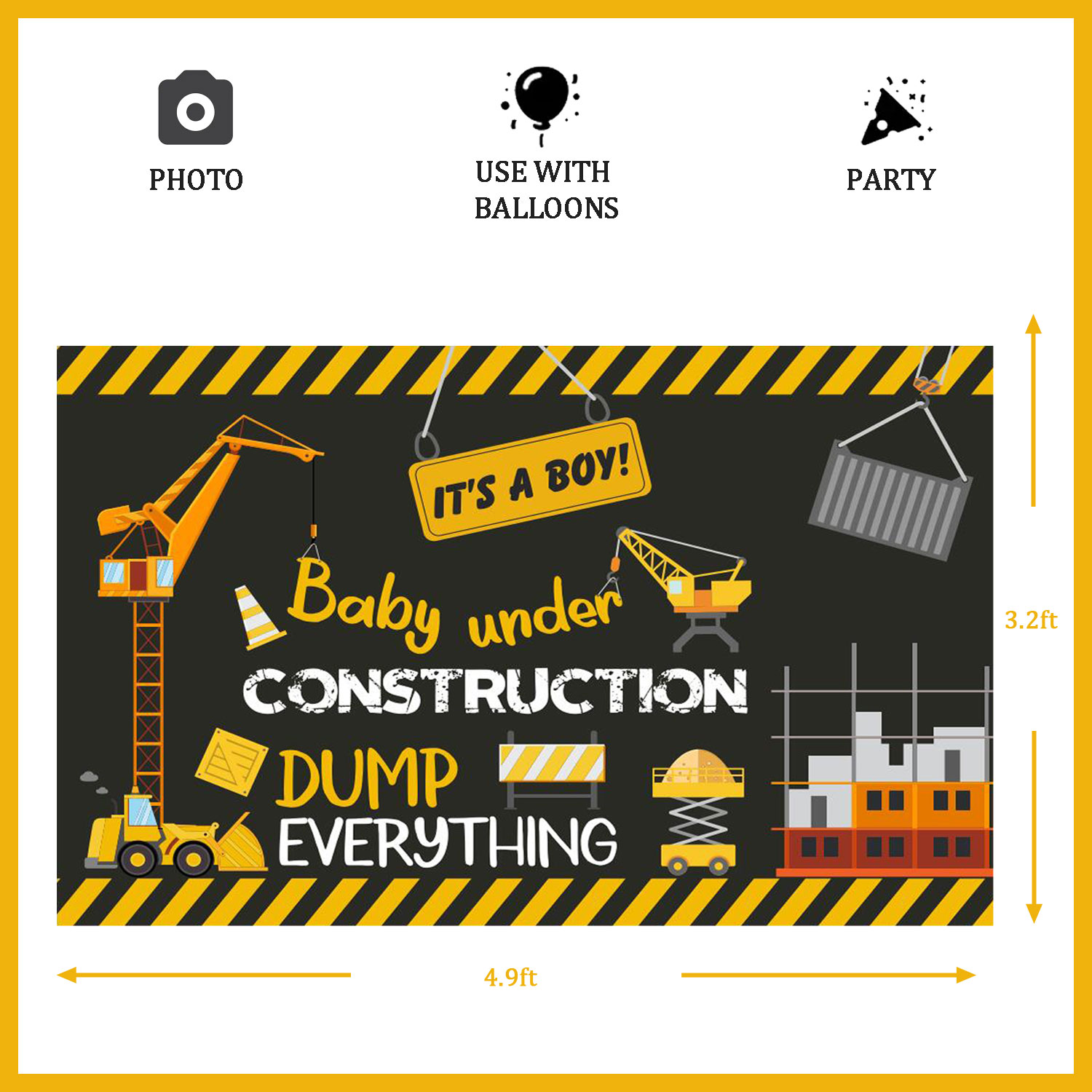 Construction Baby Shower Decoration Banner, Dump Truck Backdrop Background Excavator Crane Dump Truck Digger Zone Photo Booth Props Boys Kids Birthday Baby Shower Decorations