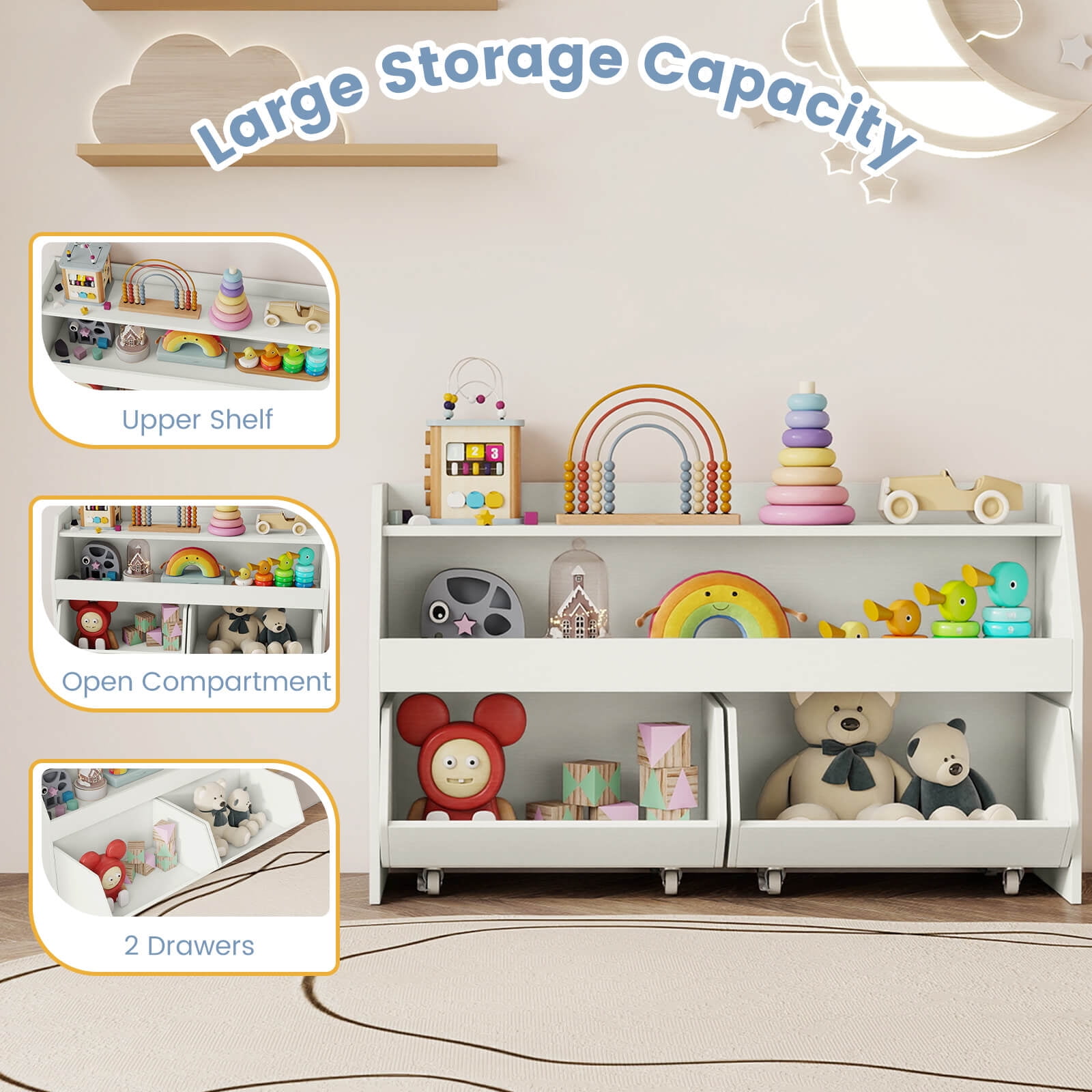 Costway Kids Toy Storage Organizer with 2 Movable Drawers Open Shelf Compartment for Kids White