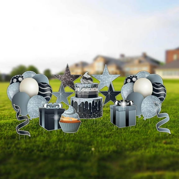 Silver Glitter Drip Yard Sign Birthday Accessories, Silver Drip Sparkle Yard Decorations (12 pcs Total)