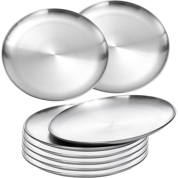 KAMUGO Placas de Acero Inoxidable de 9 Pulgadas de Metal 304, Juegos de Platos de Cena para Cocina, Platos de Camping 8 Pzas para Picnic, Fiesta Al Aire Libre