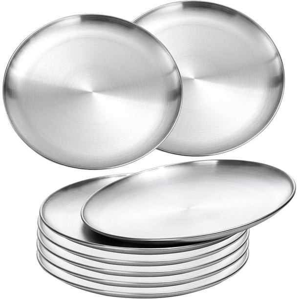 KAMUGO Placas de Acero Inoxidable de 9 Pulgadas de Metal 304, Juegos de Platos de Cena para Cocina, Platos de Camping 8 Pzas para Picnic, Fiesta Al Aire Libre