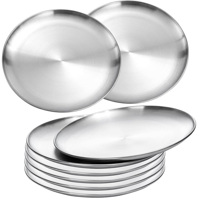 KAMUGO Placas de Acero Inoxidable de 9 Pulgadas de Metal 304, Juegos de Platos de Cena para Cocina, Platos de Camping 8 Pzas para Picnic, Fiesta Al Aire Libre