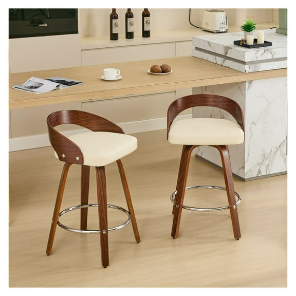 Set of 2 Beige Bar Stools - Swivel Counter Height Chairs with PU Leather Seat & Walnut Finish - Ideal for Kitchen Islands & Home Bars (25" Seat Height)