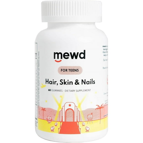 MEWD Teen and Kids Hair, Skin Nails Daily Multivitamin Gummy Strengthener Formula - Chewable Vitamin Supplements with Biotin,Zinc,Vitamins A, B, & D3 for Girls & Boys, 60, Made in USA