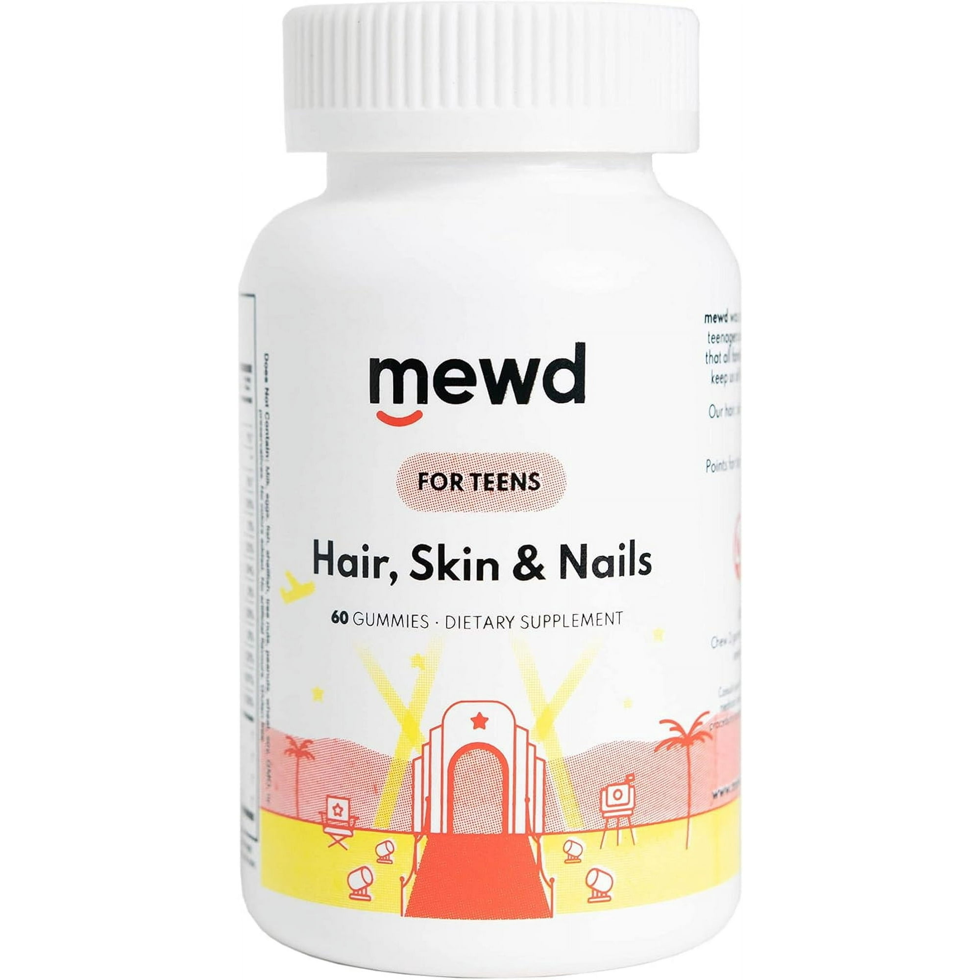 MEWD Teen and Kids Hair, Skin+Nails Daily Multivitamin Gummy Strengthener Formula - Chewable Vitamin Supplements with Biotin,Zinc,Vitamins A, B, & D3 for Girls & Boys, 60, Made in USA