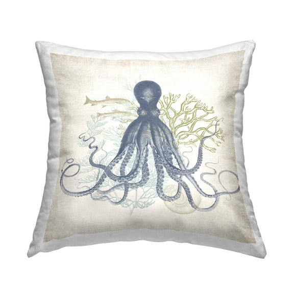 Stupell Industries Beautiful Octopus Sea Life Coral Botanicals Design by Victoria Barnes Throw Pillow