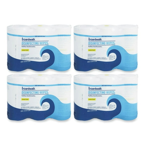 Boardwalk BWK455W753CT 7 in. x 8 in. Lemon Scent Disinfecting Wipes (4/Carton)