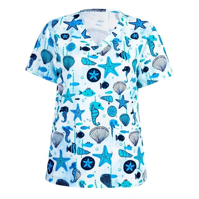 LS Uniforme de Travail pour Femmes, Haut à Col en V avec Imprimé d'Animaux et de Dessins Animés, Manches Courtes Décontracté avec Poches, Uniforme Médical d'Infirmière