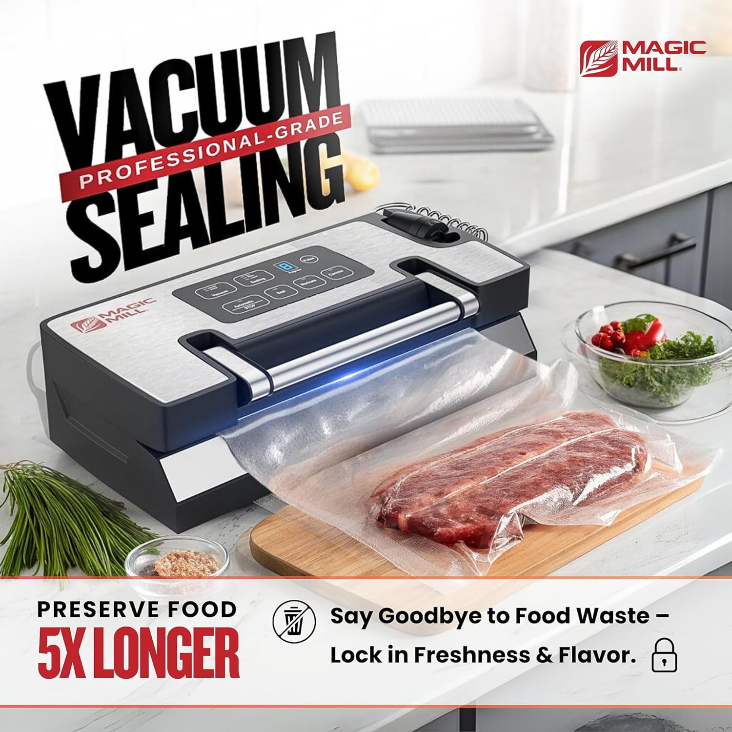 Magic Mill Premium Vacuum Sealer, Bag Sealer with Patent Liquid Sealing Technology, Easy Lock Handle, Multi-Mode Food Preservation Vacuum Sealer Machine