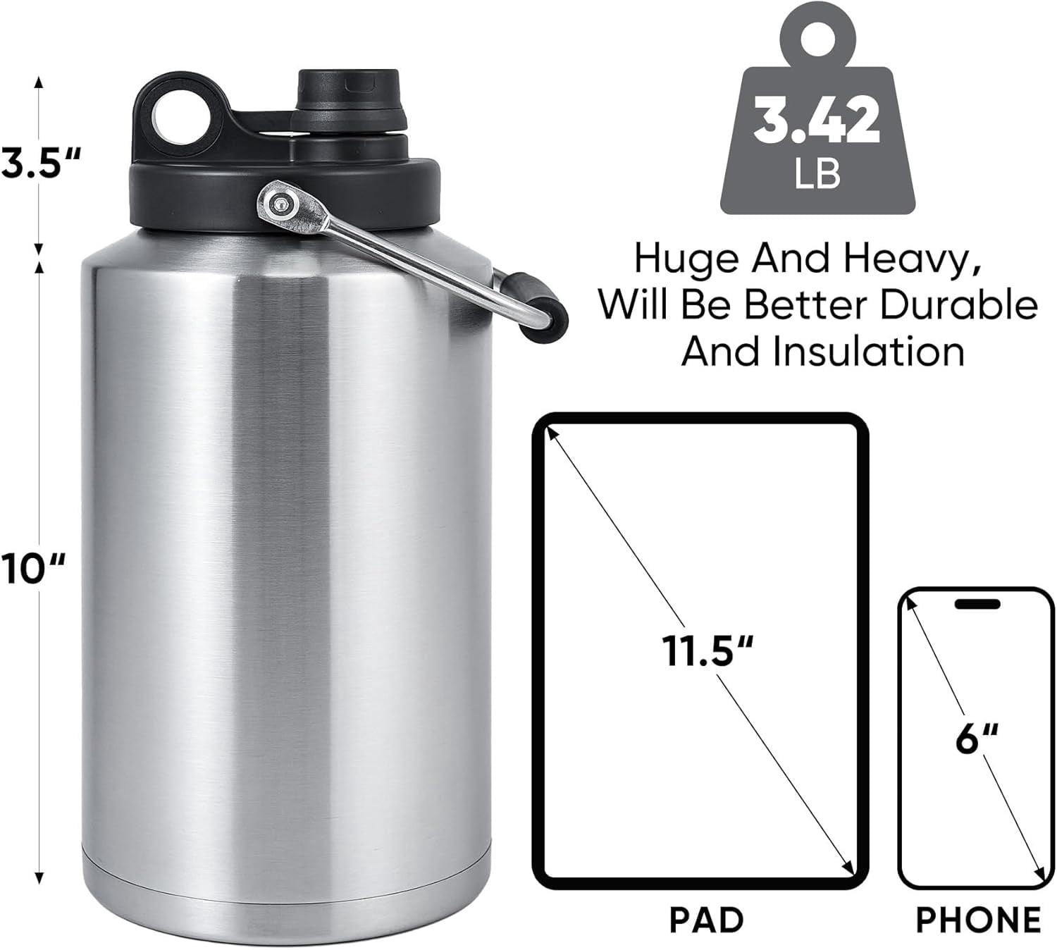 Insulated Gallon Jug with Handle, One Gallon, 128 Ounces, Stainless Steel, Large Double Vacuum Water Bottle for Hot & Cold Drinks, Wide Mouth, Sweat Proof, Great for Travel, Camping