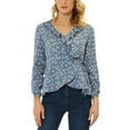 thumbnail image 1 of Blusa de Raso con Volantes para Mujer, Cuello en V, Floral, Cintura Ajustable, Peplum, Talla L, Gris Azulado, 1 of 7