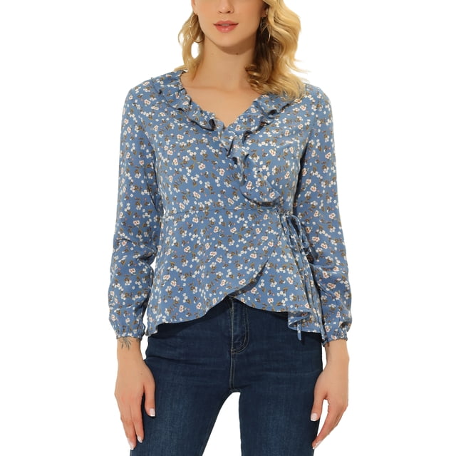 Blusa de Raso con Volantes para Mujer, Cuello en V, Floral, Cintura Ajustable, Peplum, Talla L, Gris Azulado