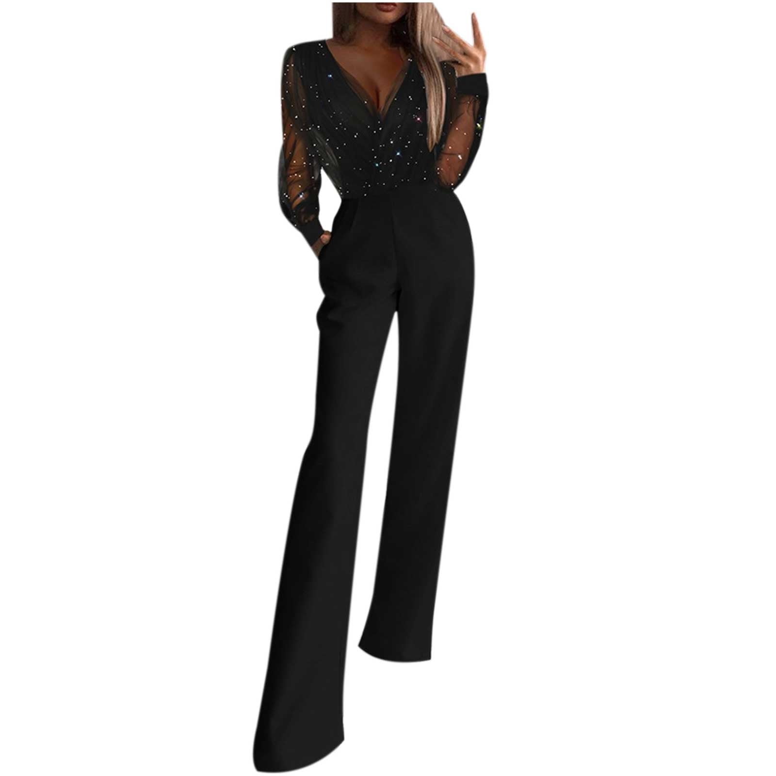 nooit mout cocaïne Women Formal Jumpsuits for Wedding Guest Sexy Shiny Mesh Sheer Long Sleeve  V Neck Zip Rompers Wide Leg One Piece Pants - Walmart.com