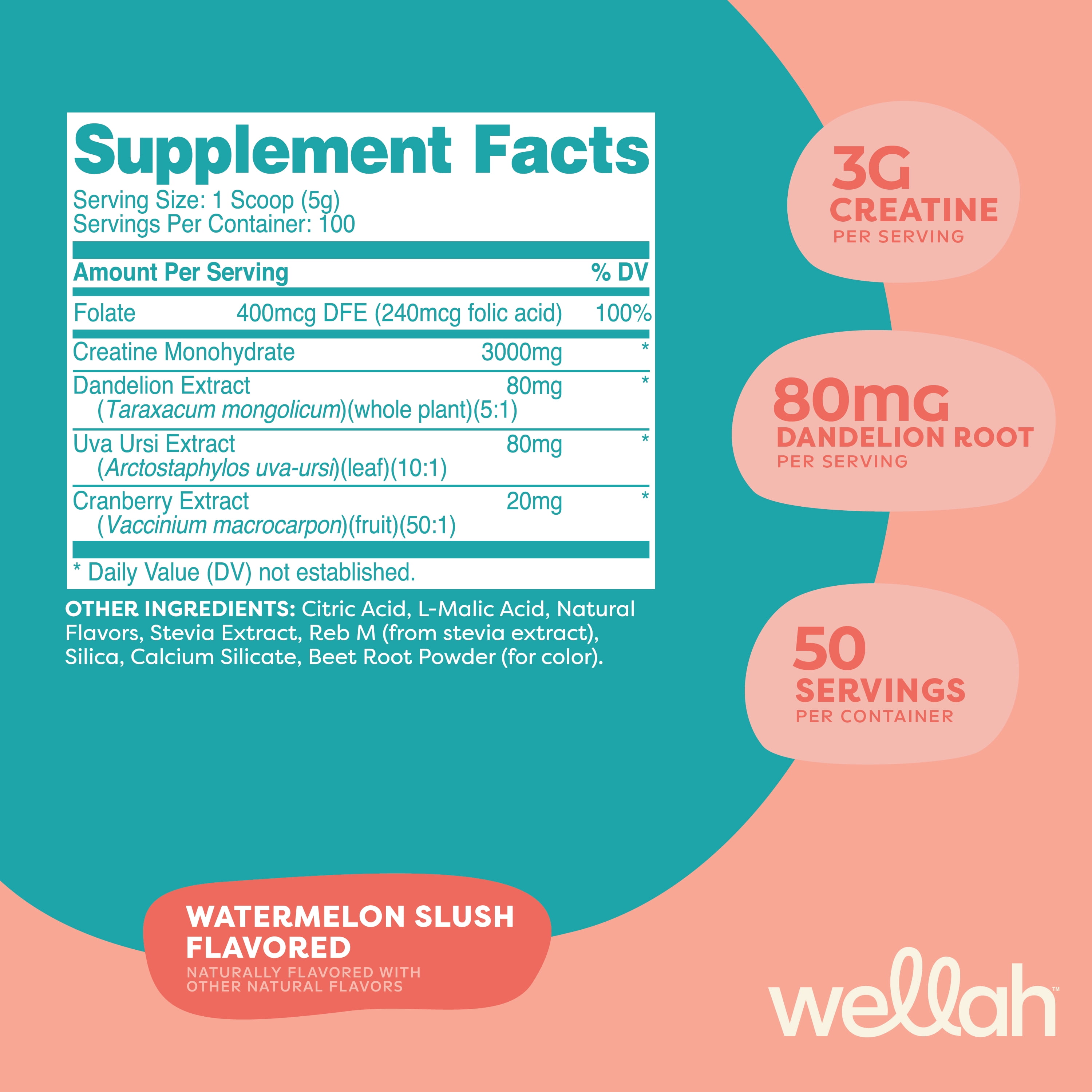 Wellah Creatine for Women (100 Servings, Watermelon Slush) - Creatine Monohydrate with Dandelion & Cranberry Extract