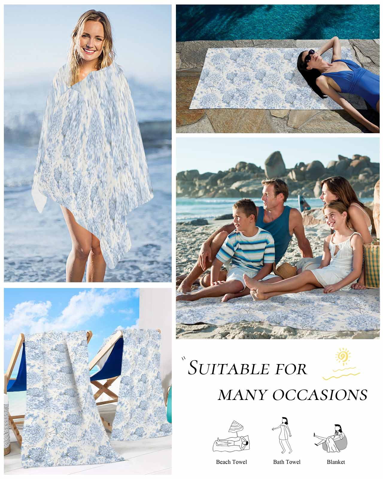Blue Floral Beach Towels Oversized Super Absorbent, Garden Petals Flower Botanical Tree Branch Lightweight Bath Towel Quick Dry Sets For Bathroom/Pool/Rv Camping/Beach Play/Gym Room/Picnic 31"x62"