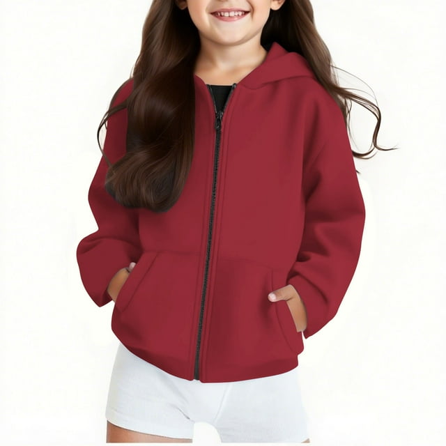 BADHUB Girls Oversized Zip Up Hoodies Long Sleeve Fleece Sweatshirts Open Front Jacket Coat Solid Color Fall Outfits With Pockets Red 11 Years