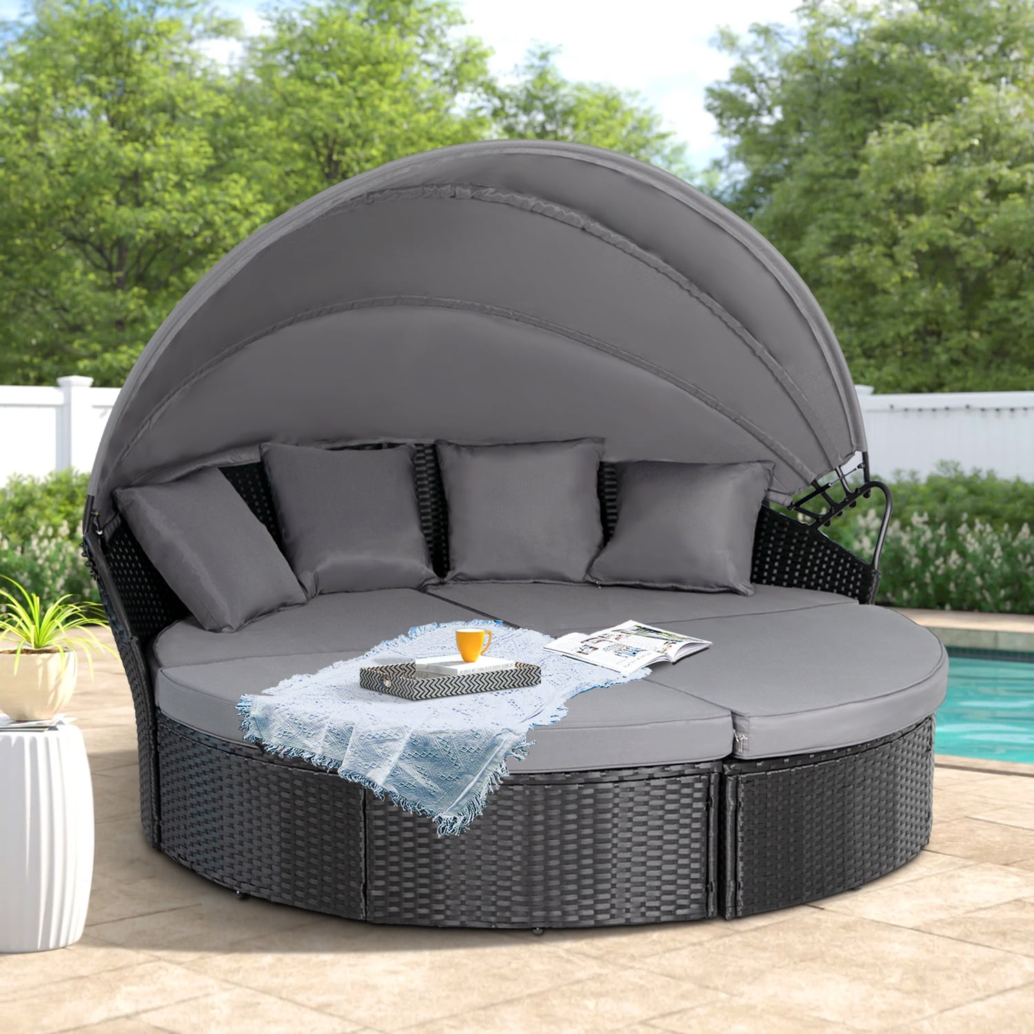 SOLAURA Outdoor Patio Round Daybed with Retractable Canopy for Garden