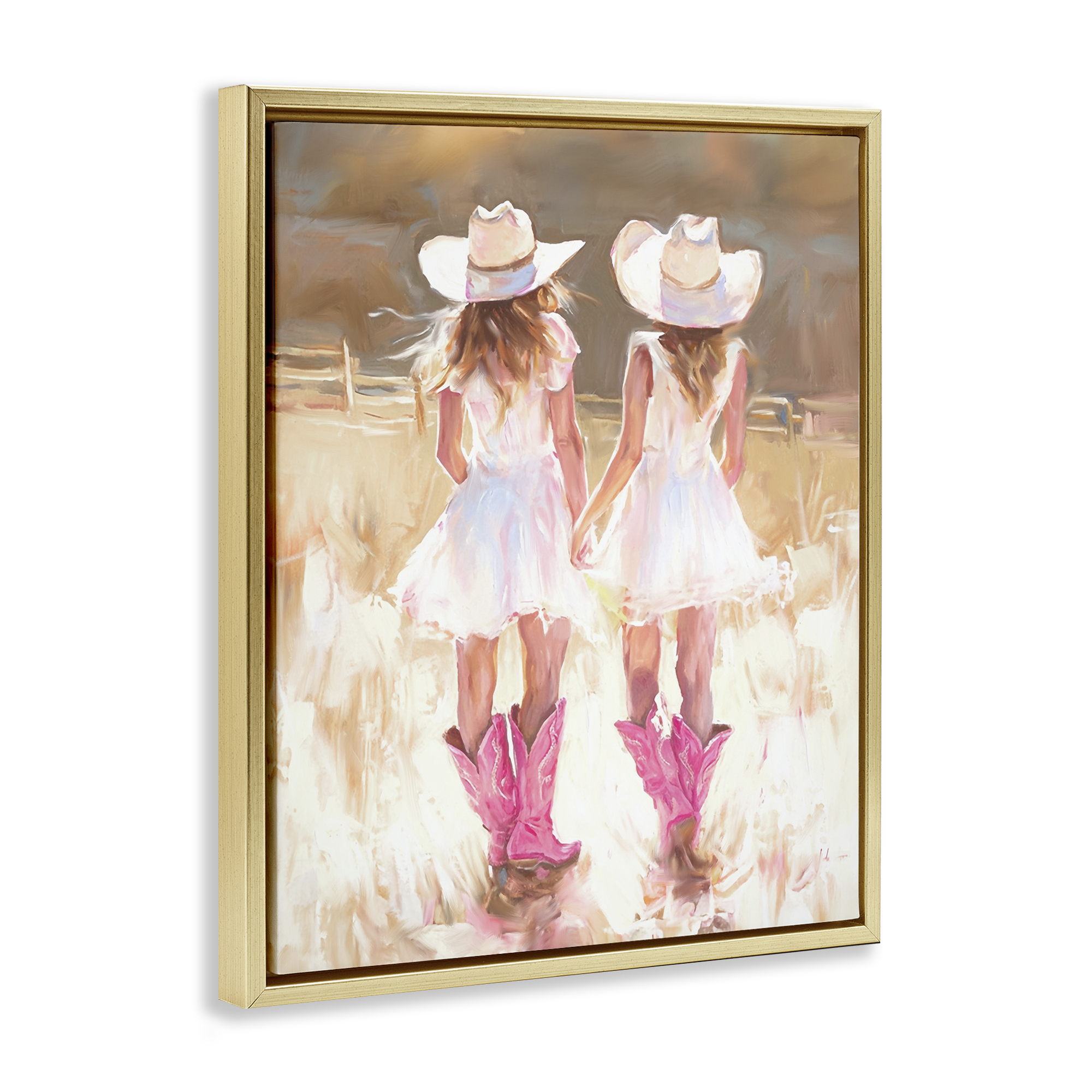 Stupell Industries Sunlit Cowgirl Sisters Novelty Painting Gold Floater Framed Canvas Art Print Wall Art, 25 x 31