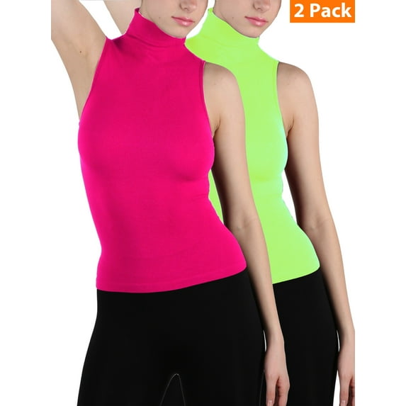 2-Pack Women Sleeveless Ribbed Mock Neck Turtleneck Shirt Slim Fitted Body Shape Tank Top