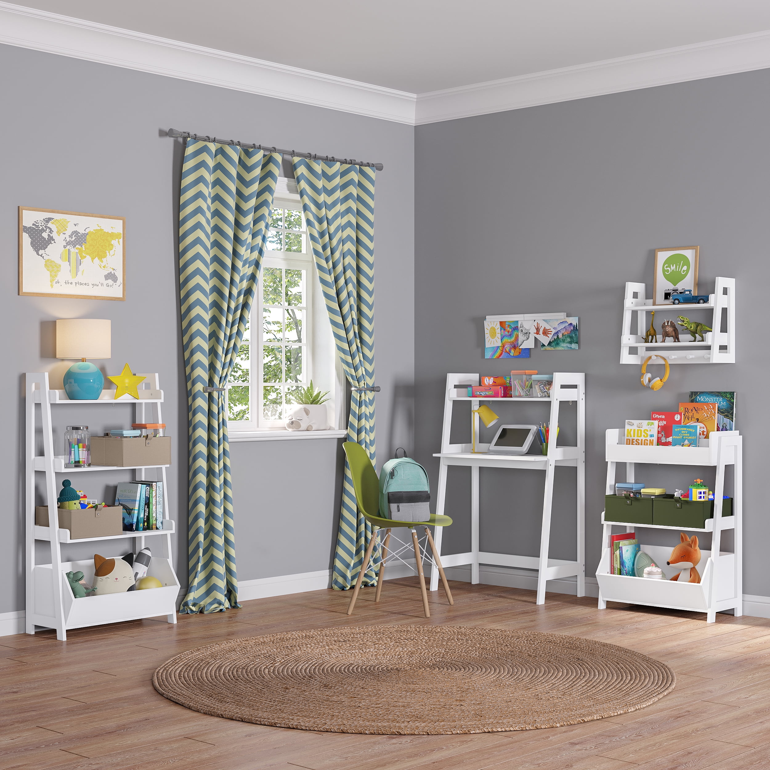 RiverRidge Kids 24in 4-Tier Ladder Shelf Toy Organizer, Book Storage, and 2 Taupe Bins