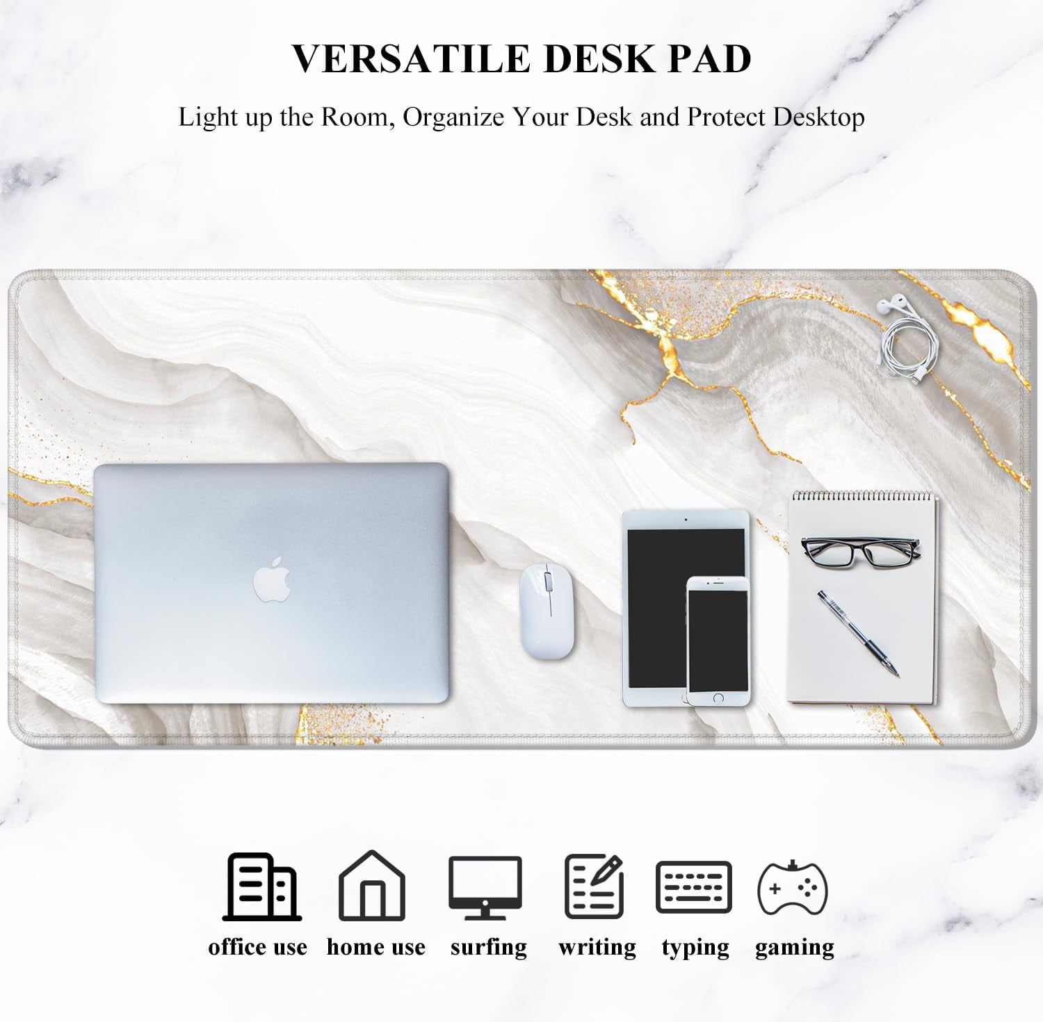 Large Mouse Pad, XXL Gaming Mousepad, Desk Mat for Desktop, Thick Rubber, Big & Long Size, Stitched Edges, Full Desk Pad for Laptop & Computer, Extended 31.5 x 11.8 in, Gold Gray Marble