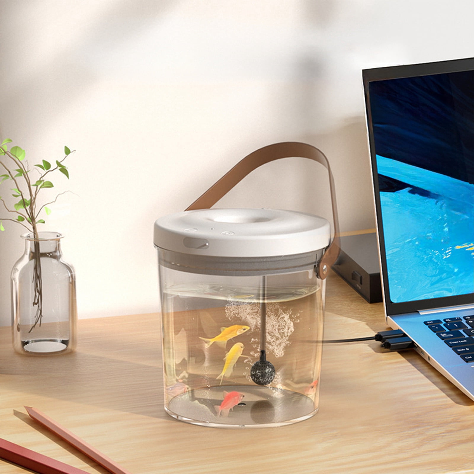 COM1950s Mini Fish Tank with Filter, Small Desktop Aquarium for Home Office, Portable Water Tank with Led Light and Oxygen Circulation, Clear Plastic Fish Bowl for Living Room Decor