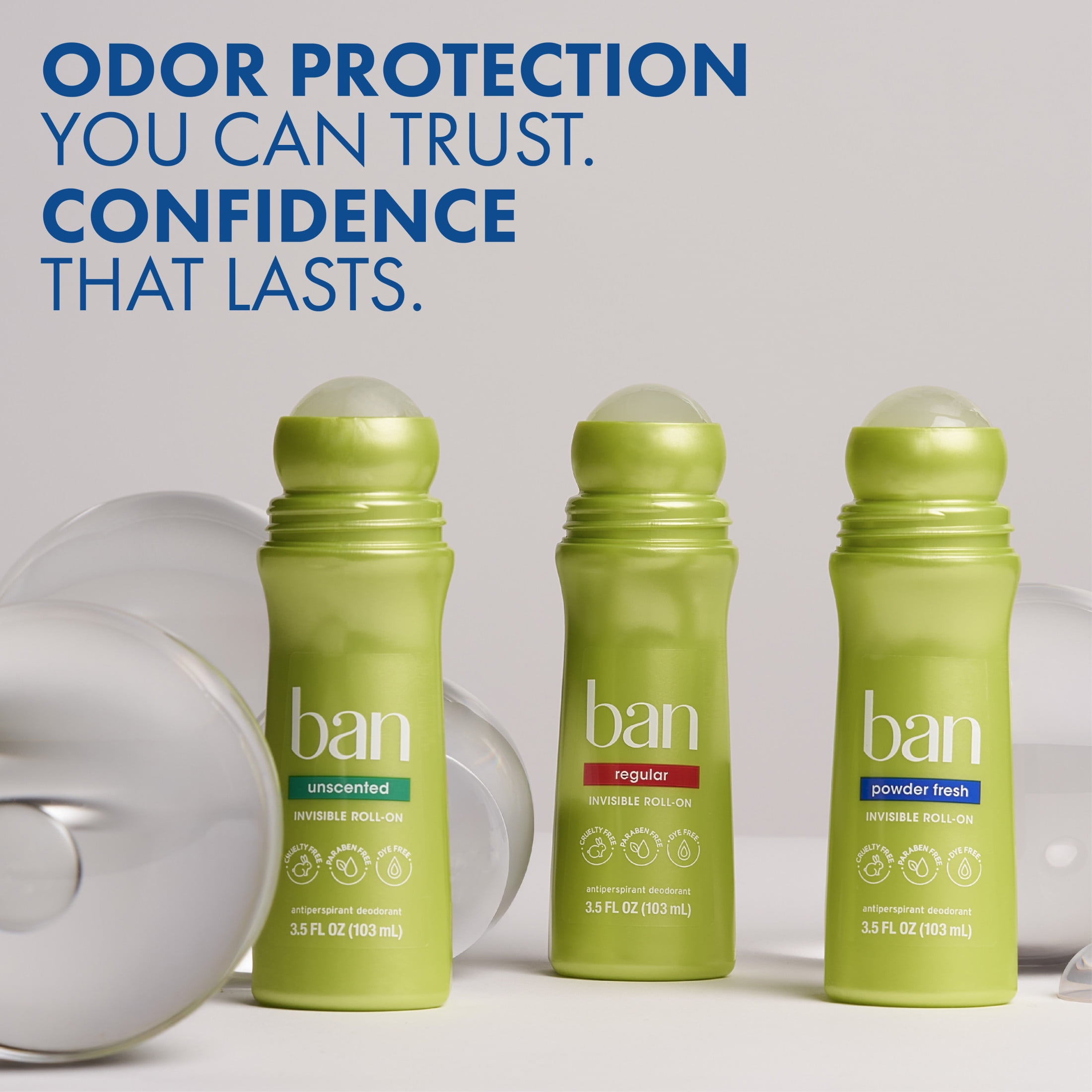 Ban Antiperspirant Deodorant Invisible Roll-On for Women and Men, Powder Fresh, 3.5 oz