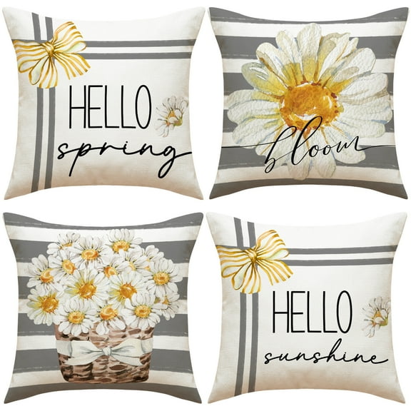 PRIYAL White Daisy Green Stripe Spring Throw Pillow Covers 18x18 Inches Home Decor Set of 4 Pillow Cases Decorative for Bed Sofa Cushion Couch Outdoor