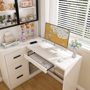 Corner L-Shaped Computer Desk With Glass Cabinets & Built-in LED Lights, USB Charging Ports & Keyboard Tray, Wooden Desk With Hutch And Drawers For Home&office.