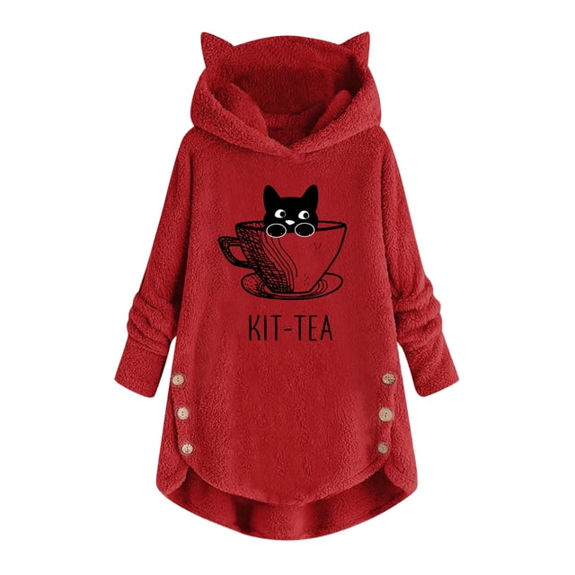 Top de abrigo de felpa con capucha y manga larga con botones de felpa y orejas de gato con estampado informal para mujer Pompotops gfhjh24486