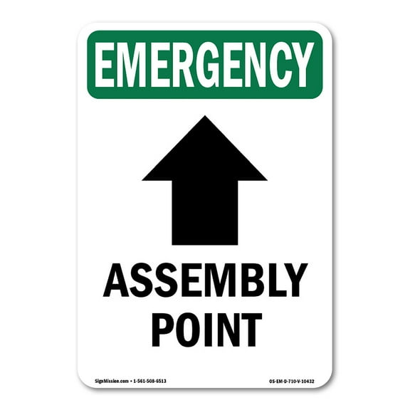 SignMission OS-EM-A-1824-V-10432 18 x 24 in. OSHA Emergency Sign - Assembly Point Up Arrow with Symbol