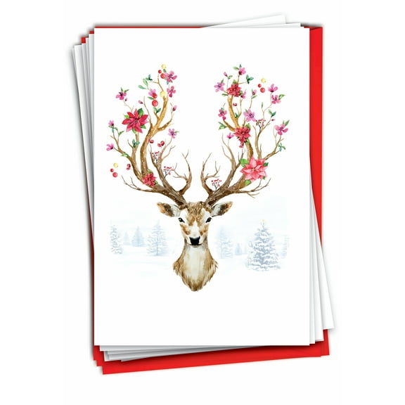 Pack of 12 Christmas Greeting Cards (1 Design, 12 Cards) - Blooming Reindeer