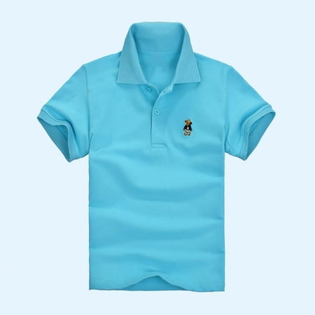 BLTIBY 2025 Toddler Girls Boys Button T-shirt Summer Lapel Solid Color Short Sleeve Tee Kids Fashion Casual Pullover Tops Sky Blue 10-11 Years