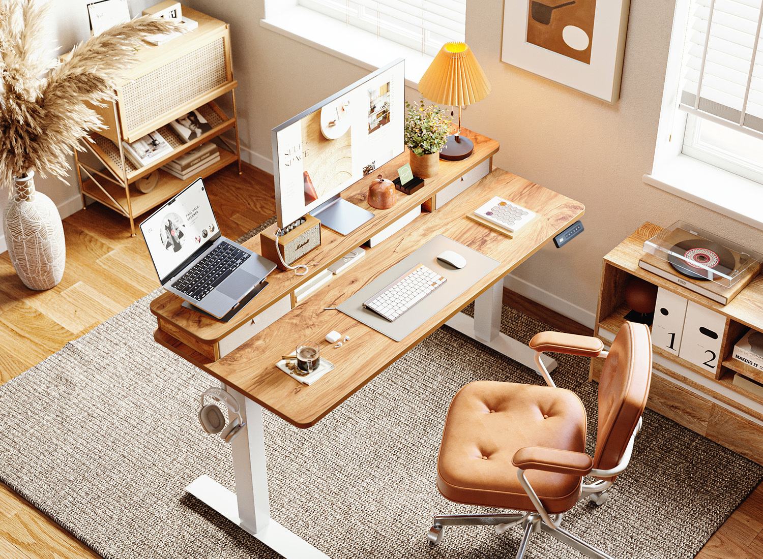 DESINO 55" x 24" Height Adjustable Electric Standing Desk with Double Drawers, Stand Up Desk with Storage Shelf, Home Office Desk Workstation with Splice Board, Light Rustic Brown