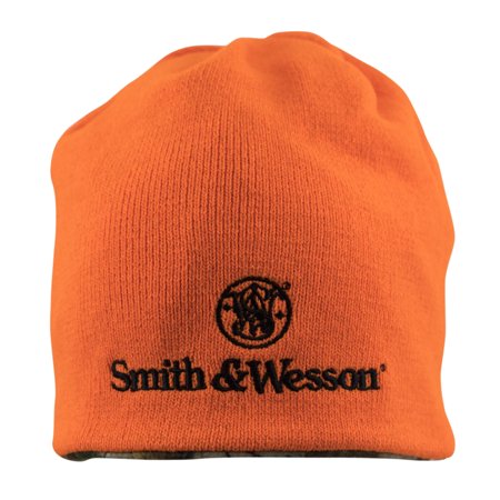 - Offically Licensed Smith & Wesson Mens Reversible Blaze Orange Camo Beanie with embroidered Stacked Logo