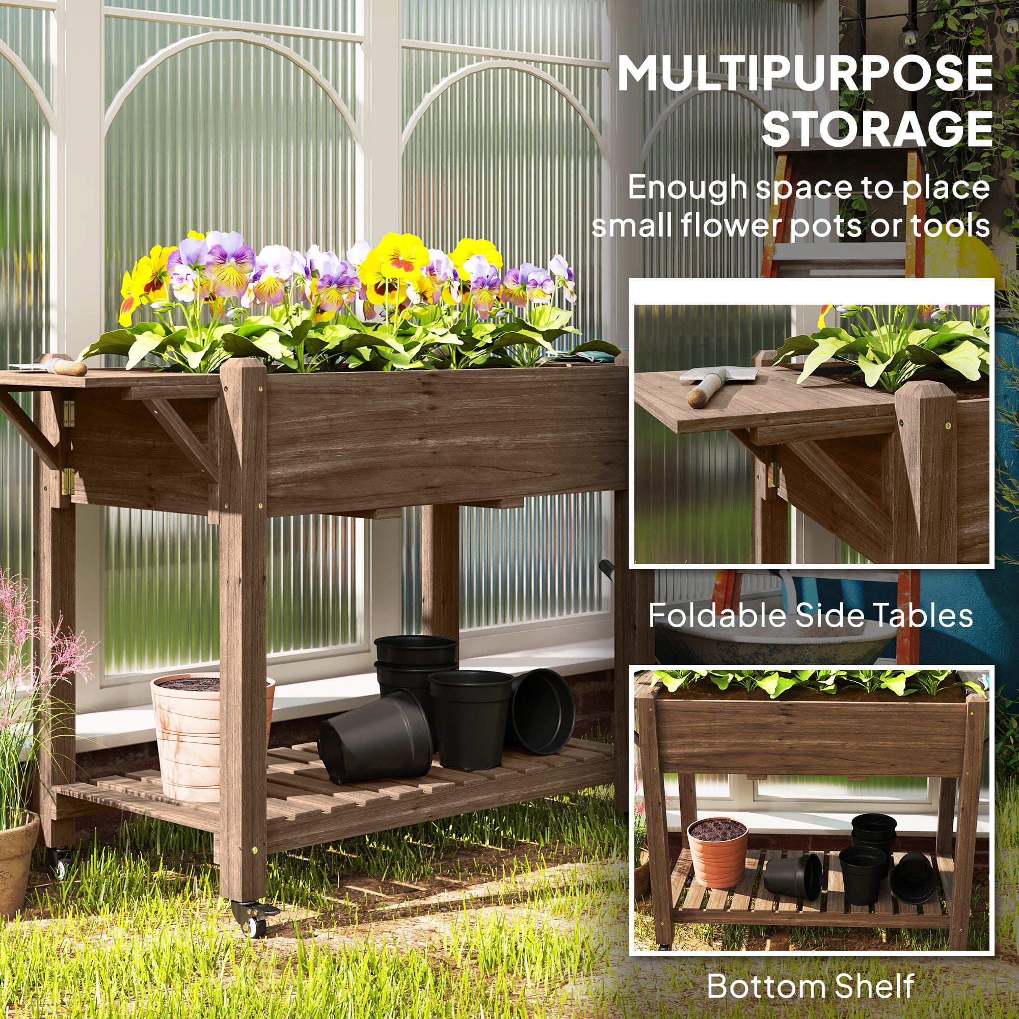 Outsunny Raised Garden Bed, Wood Elevated Planter Box with Lockable Wheels, Side Tables, Bottom Shelf, Bed Liner and Drainage Holes, Carbonized