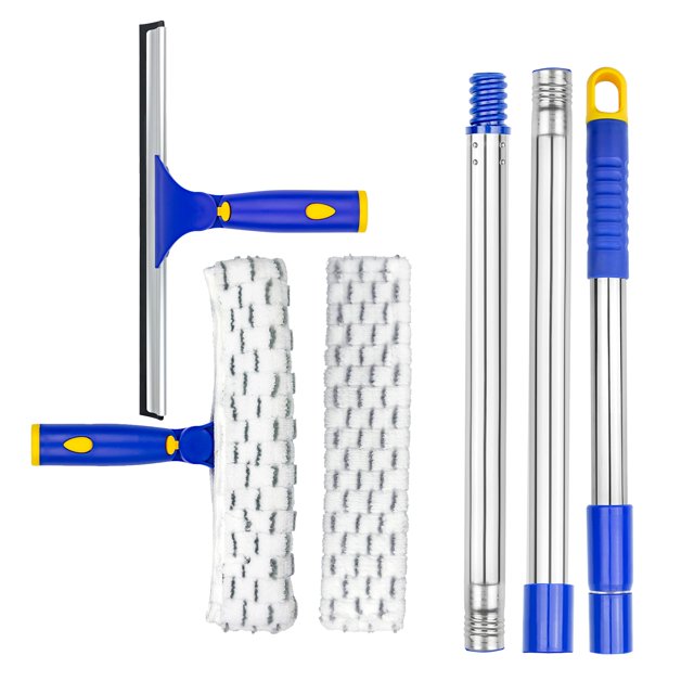 ITTAR Window Cleaner Squeegee,Rotatable Squeegee and Microfiber Scrubber with Extendable 3 Section Stainless Steel Pole,Window Cleaning Tool with 2 M