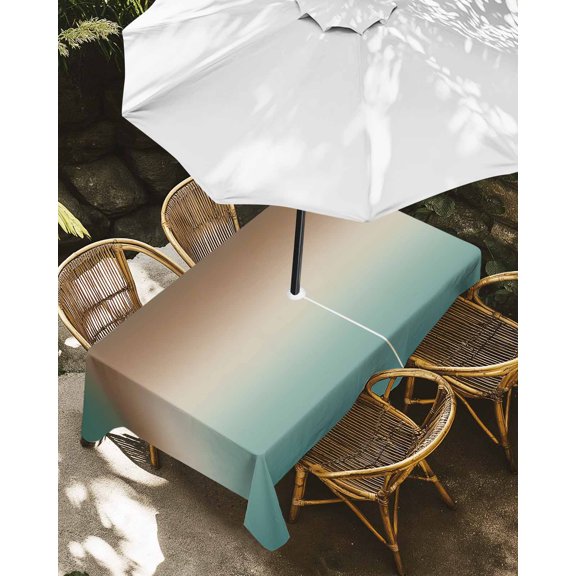 Outdoor Tablecloth with Umbrella Hole, Turquoise Brown Gradient Zippered Table Cloth for Rectangle Tables, Modern Abstract Art Ombre Washable Waterproof Tablecloths for Picnic Patio Garden