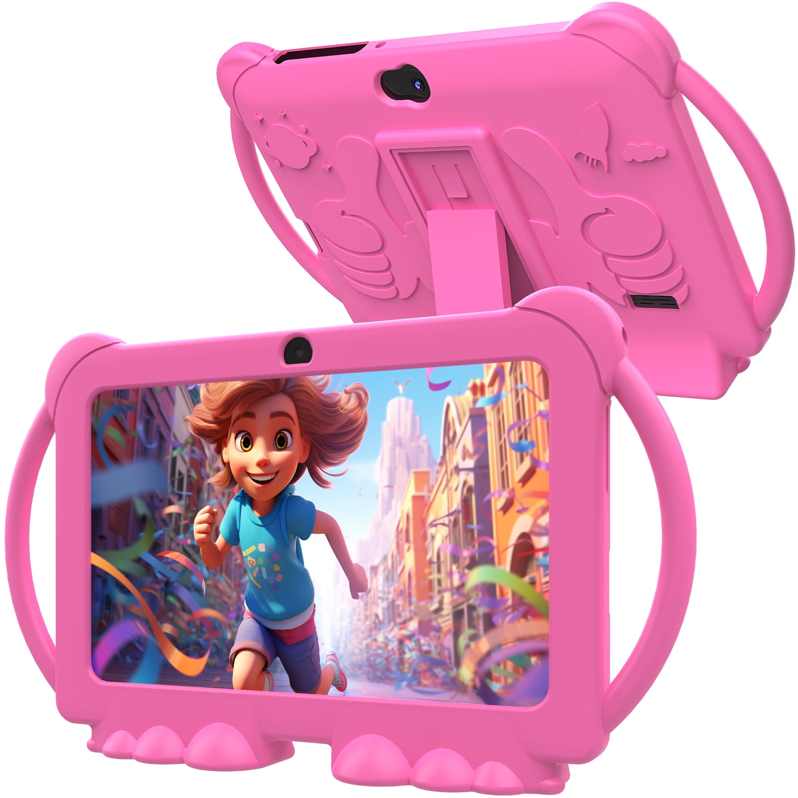 Kids Tablets 7 inch, Android 12 Tablet for Kids, 4GB RAM 32GB ROM, 512GB Expandable, with Parental Control, Google Certified Toddler Tablet, WiFi, Bluetooth, Dual Camera with Silicone Case,Pink