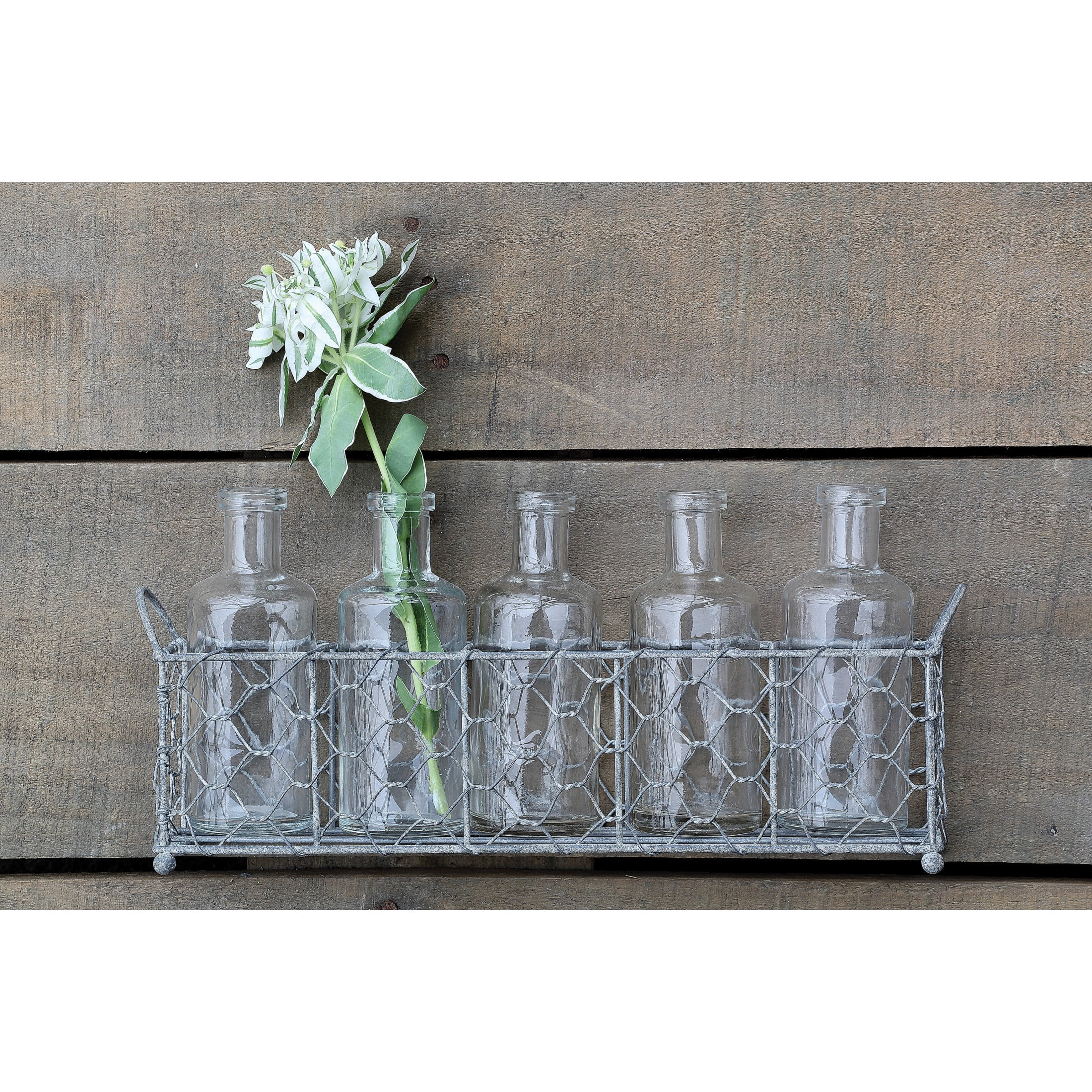Creative Co-Op 5 Glass Vase Bottles on a Rectangle Metal Holder with Handles, Clear and Black, Set of 6